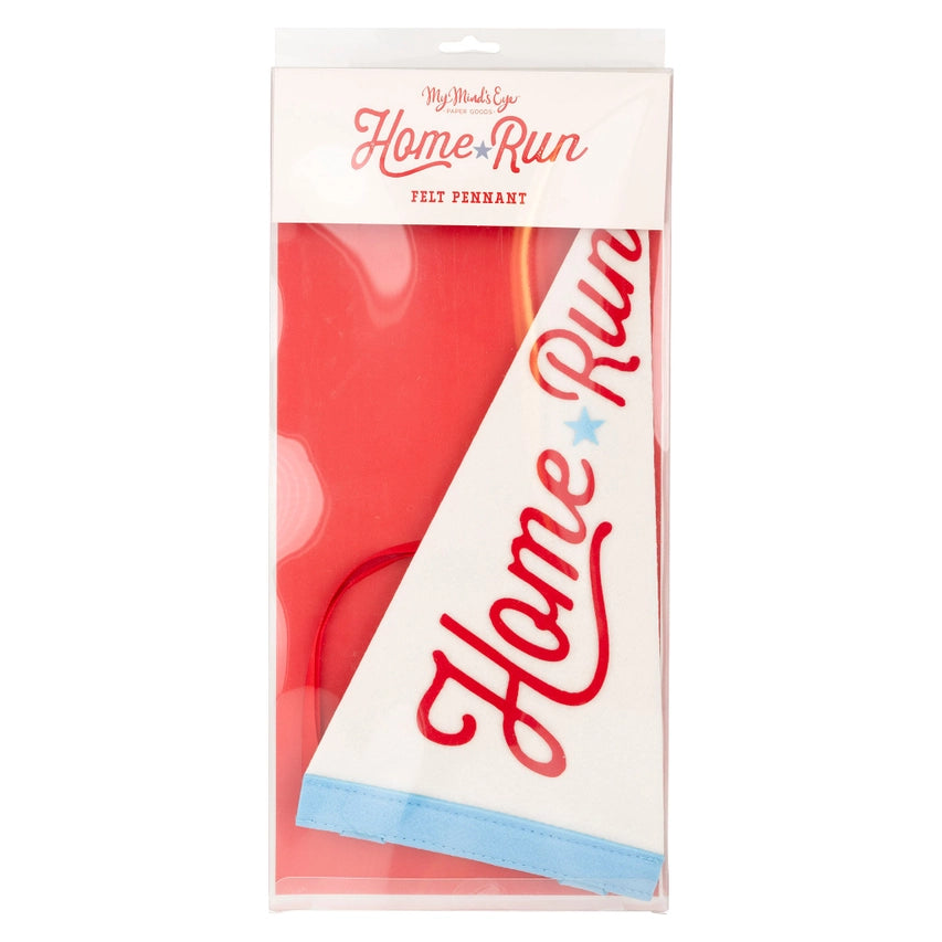 Close‑up of boxed pennant folded against a red paper insert with “Home Run” branding on the header.