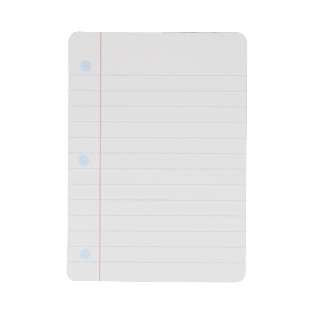 Lined back side of a single card resembling notebook paper