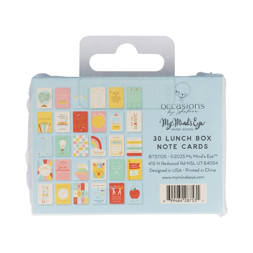 Back of packaging showing thumbnails of all 30 card designs