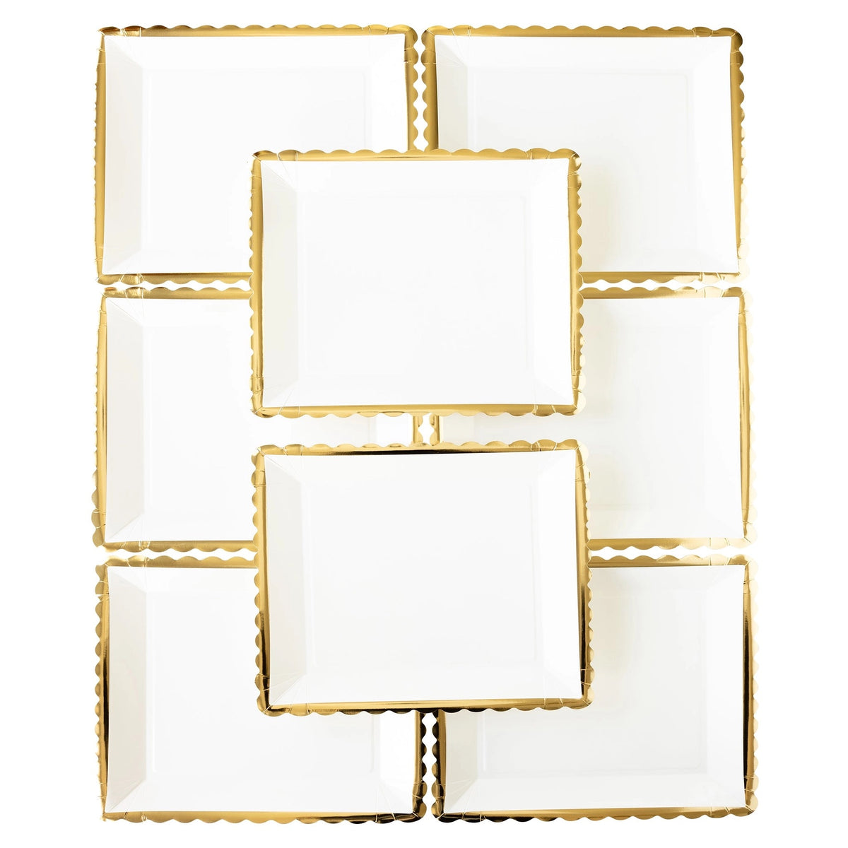 set of white and gold scalloped-edge paper plates arranged in a stylish layout. These 12" square plates are ideal for adding a luxe touch to your Thanksgiving table.