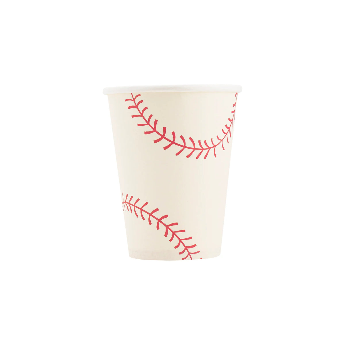 Close‑up of single ivory cup displaying two red curved baseball seams.