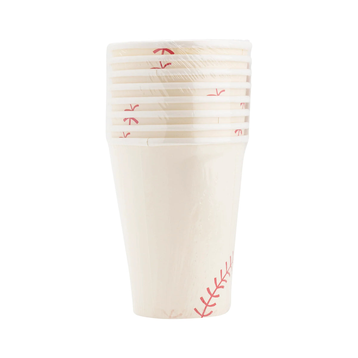 Stack of eight ivory paper cups wrapped in plastic, each printed with red baseball stitching.