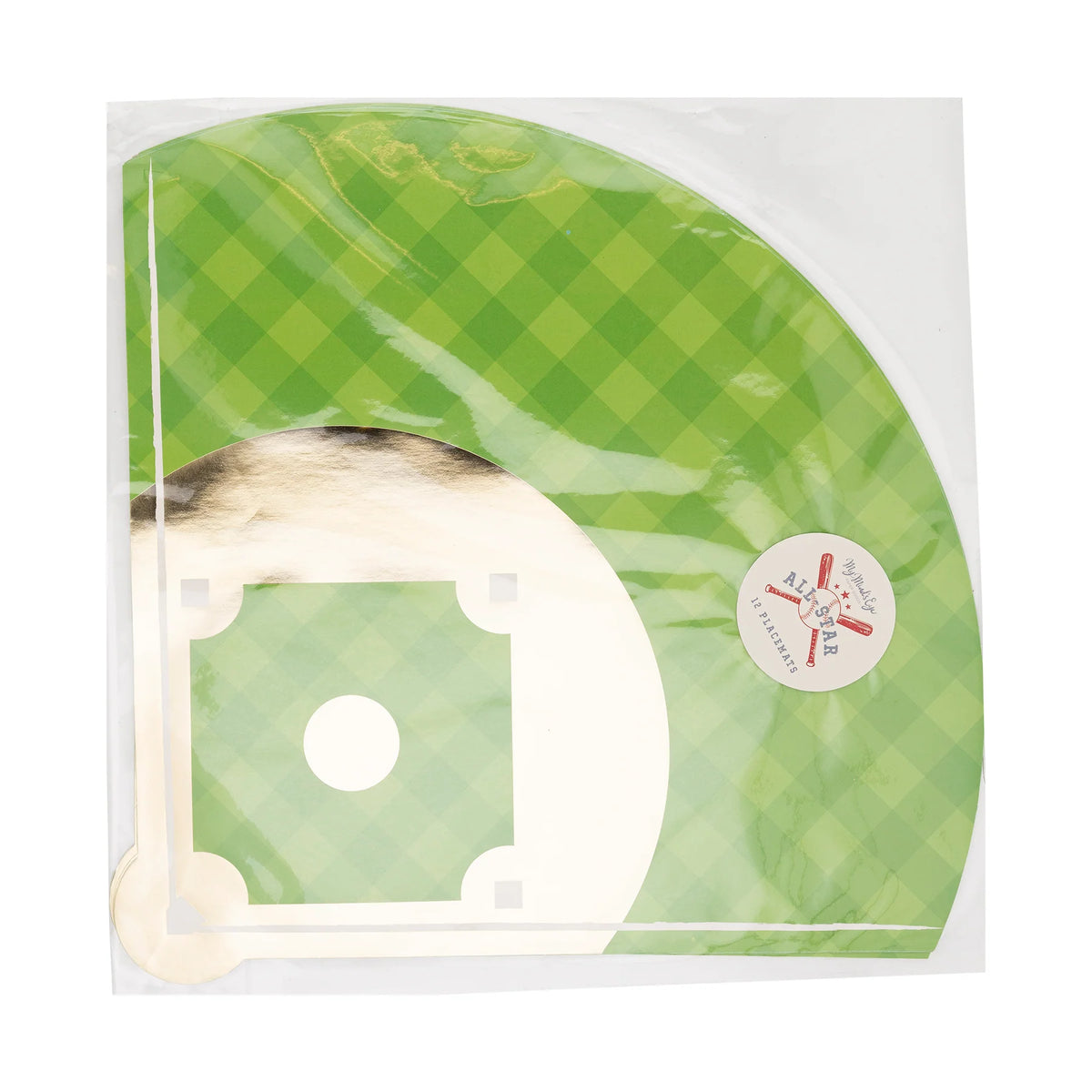 Front of packaged placemats revealing green gingham baseball diamond design through plastic.