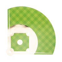 Isolated green gingham baseball diamond placemat with gold‑foil bases on white background.