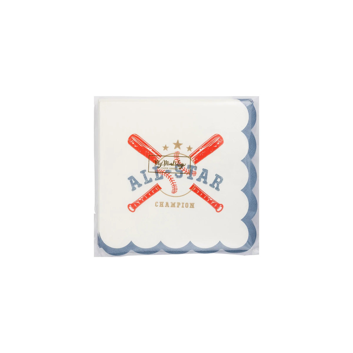 Close-up of a single All Star paper cocktail napkin with scalloped edges and vibrant red and blue baseball-themed graphics.