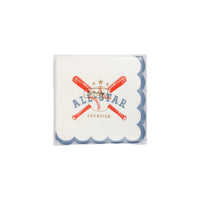Close-up of a single All Star paper cocktail napkin with scalloped edges and vibrant red and blue baseball-themed graphics.