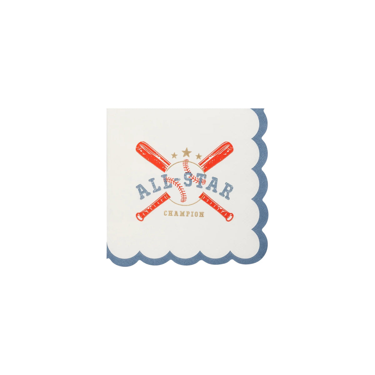 Stack of white baseball-themed cocktail napkins featuring crossed bats, baseball, and 'All Star Champion' in trendy blue and red lettering.