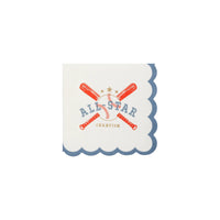 Stack of white baseball-themed cocktail napkins featuring crossed bats, baseball, and 'All Star Champion' in trendy blue and red lettering.