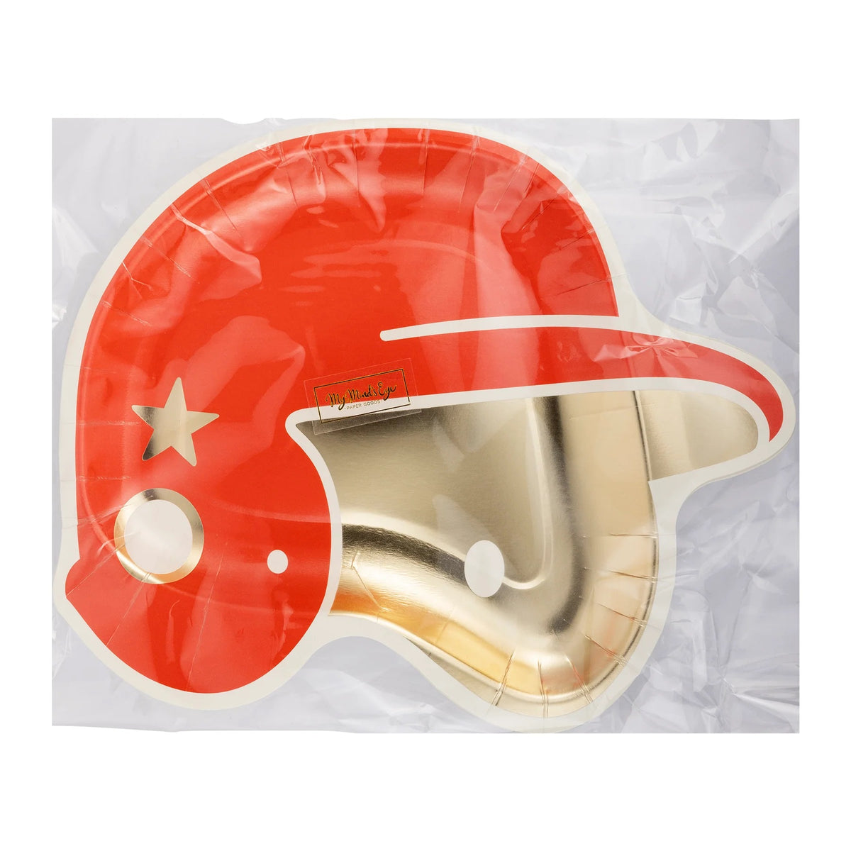 Set of 8 helmet-shaped party plates with gold foil accents in vibrant red, ready for a home-run birthday.