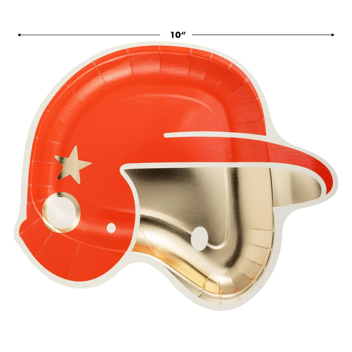 Close-up of helmet-shaped paper plate, 10 inches wide, highlighted with vibrant red and gold foil details.