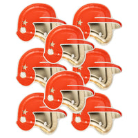 Collection of 8 fun, red baseball helmet paper plates with shiny gold accents, ideal for baseball-themed birthdays.