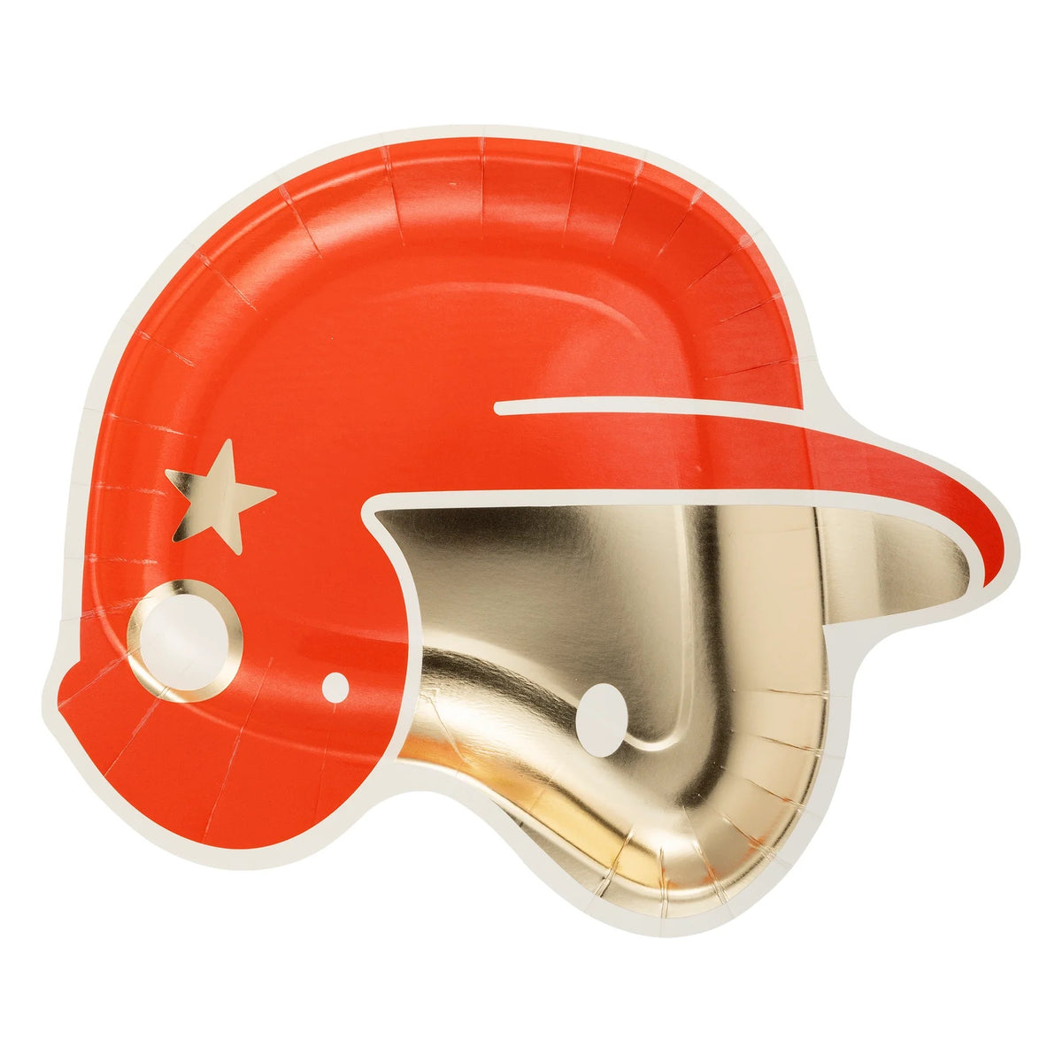 Baseball helmet-shaped paper plate with shiny gold foil detailing, perfect for kids' baseball-themed parties.