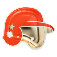 Baseball helmet-shaped paper plate with shiny gold foil detailing, perfect for kids' baseball-themed parties.