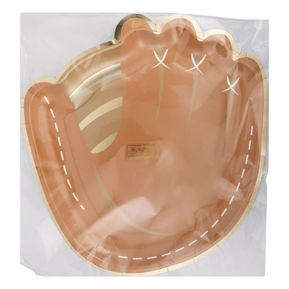 Set of brown baseball mitt-shaped paper plates with gold foil stitching detail, perfect for kids' baseball-themed parties