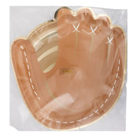 Set of brown baseball mitt-shaped paper plates with gold foil stitching detail, perfect for kids' baseball-themed parties