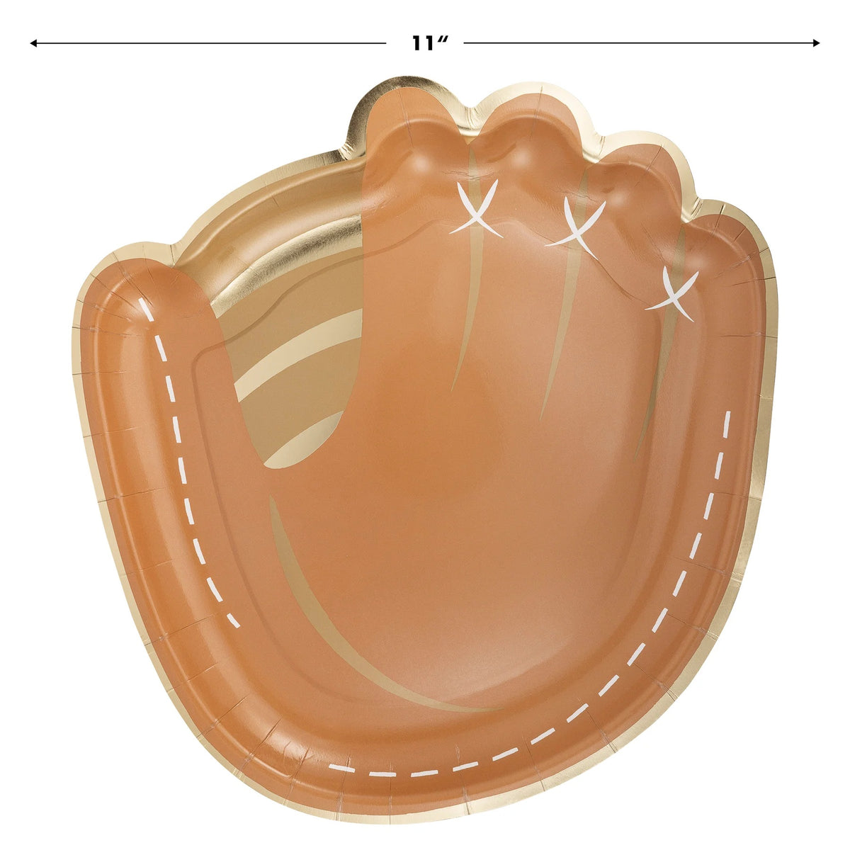 Set of brown baseball mitt-shaped paper plates with gold foil stitching detail, perfect for kids' baseball-themed parties
