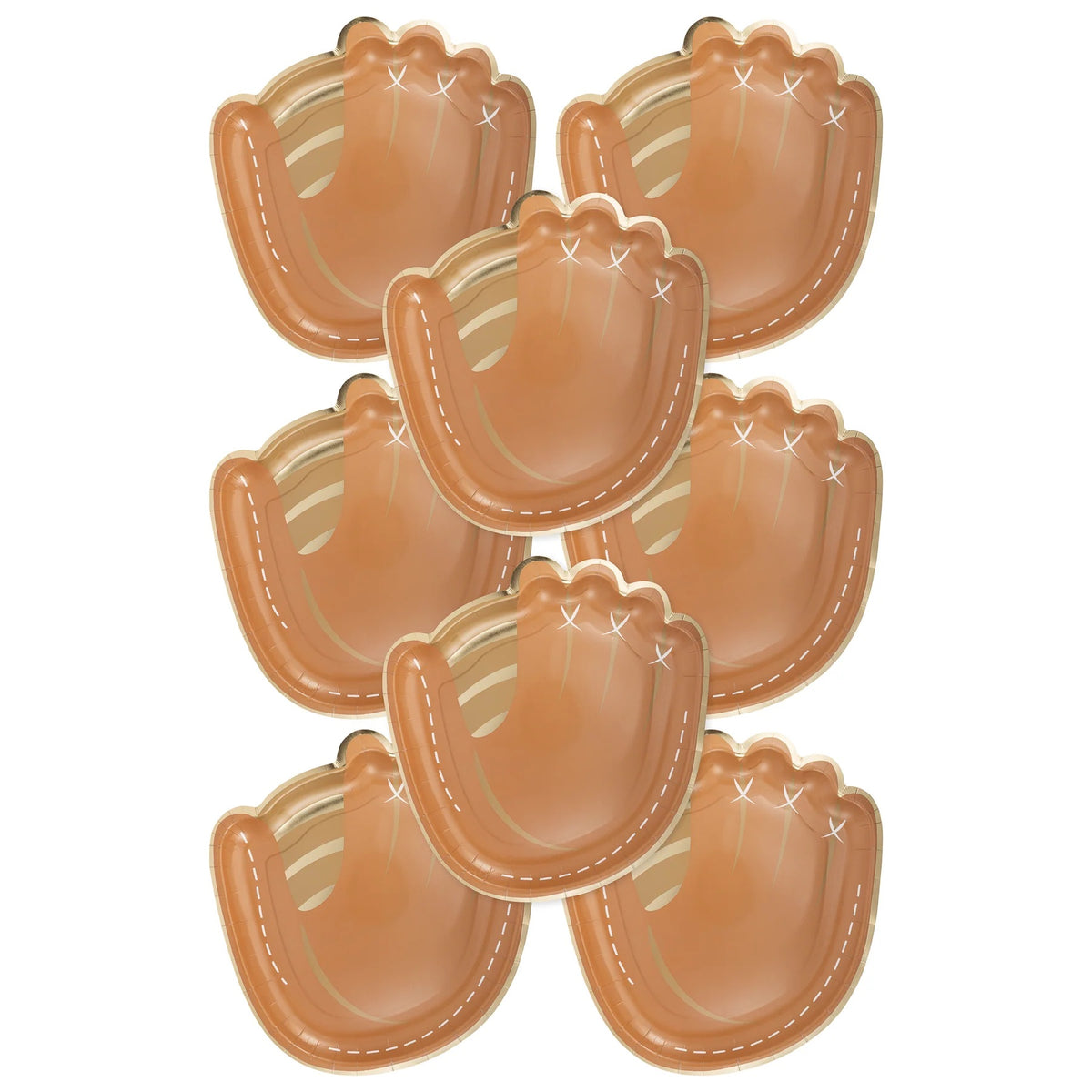 Set of brown baseball mitt-shaped paper plates with gold foil stitching detail, perfect for kids' baseball-themed parties