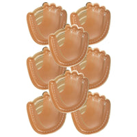 Set of brown baseball mitt-shaped paper plates with gold foil stitching detail, perfect for kids' baseball-themed parties