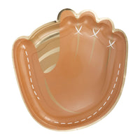 Set of brown baseball mitt-shaped paper plates with gold foil stitching detail, perfect for kids' baseball-themed parties
