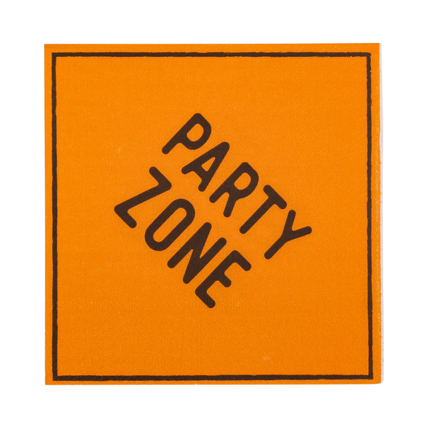 Single orange cocktail napkin with “Party Zone” text in black