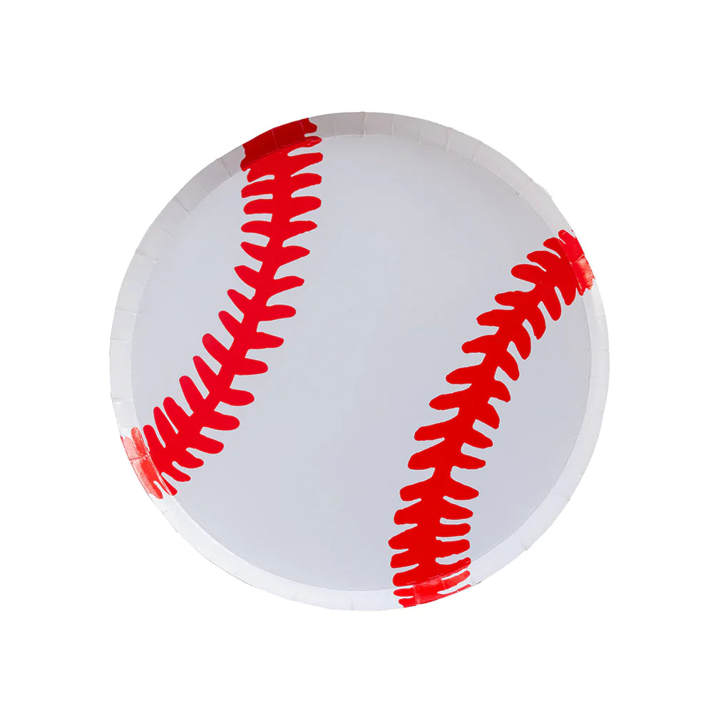 A single 8-inch round baseball paper plate featuring bold red stitching, ideal for sporty-themed parties, birthdays, or casual team gatherings.