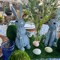 Blue Wicker Easter Bunny Table Decor on a Spring Tablescape