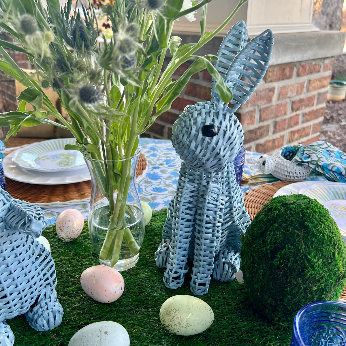 Blue Wicker Easter Bunny Table Decor on a Spring Tablescape