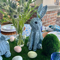 Blue Wicker Easter Bunny Table Decor on a Spring Tablescape
