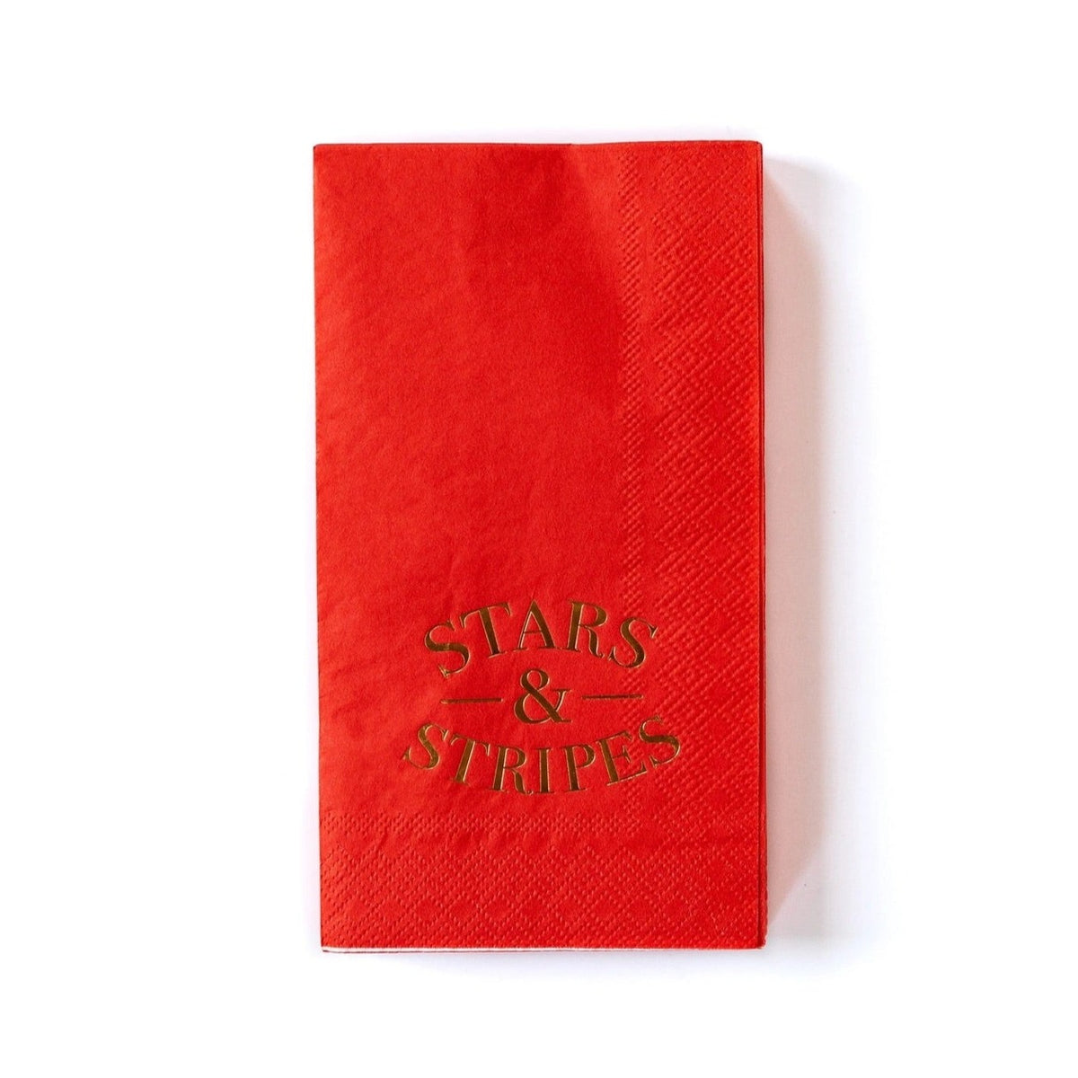 Red dinner napkins with the words stars and stripes in gold lettering. They are perfect for a 4th of Juy party or Memorial Day BBQ.