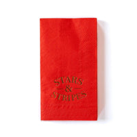 Red dinner napkins with the words stars and stripes in gold lettering. They are perfect for a 4th of Juy party or Memorial Day BBQ.