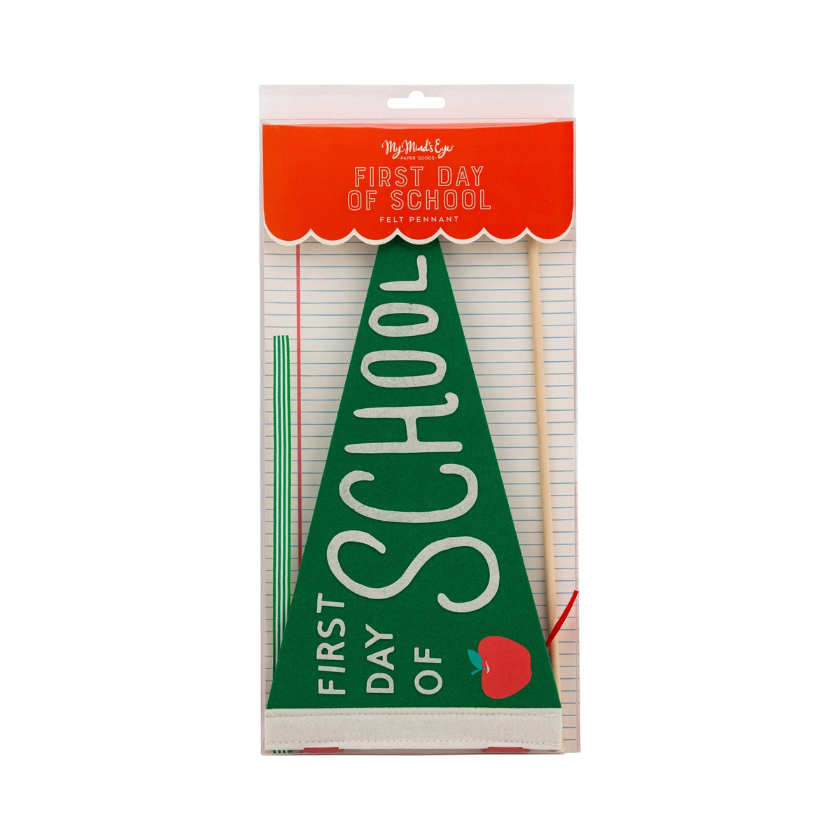 Green felt “First Day of School” pennant shown with wooden dowel and included ribbons
