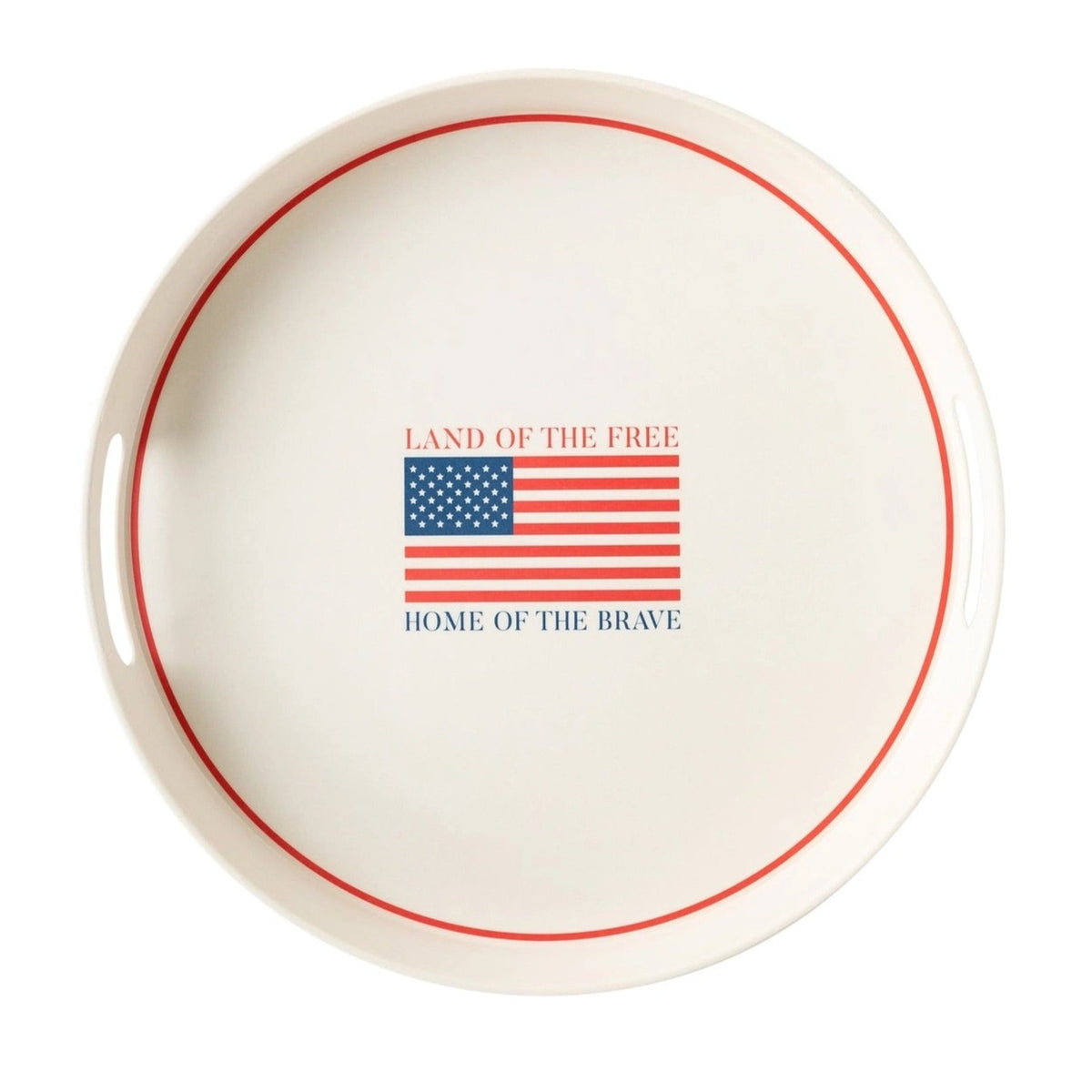 Patriotic serving tray with an american flag in the sign land of the free home of the brave