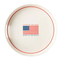 Patriotic serving tray with an american flag in the sign land of the free home of the brave