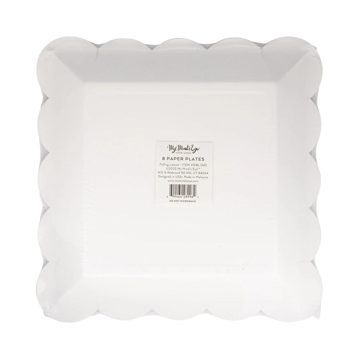 Back of package showing 8 scalloped 9-inch paper plates with care label.