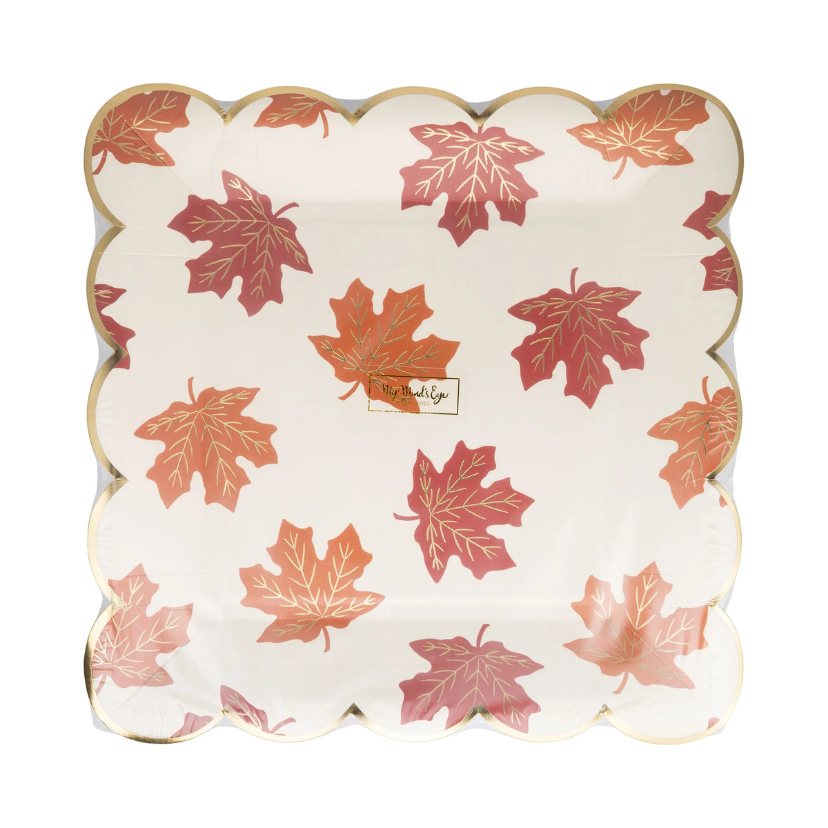 Front view of falling-leaves print paper plates with gold-foil scalloped border.