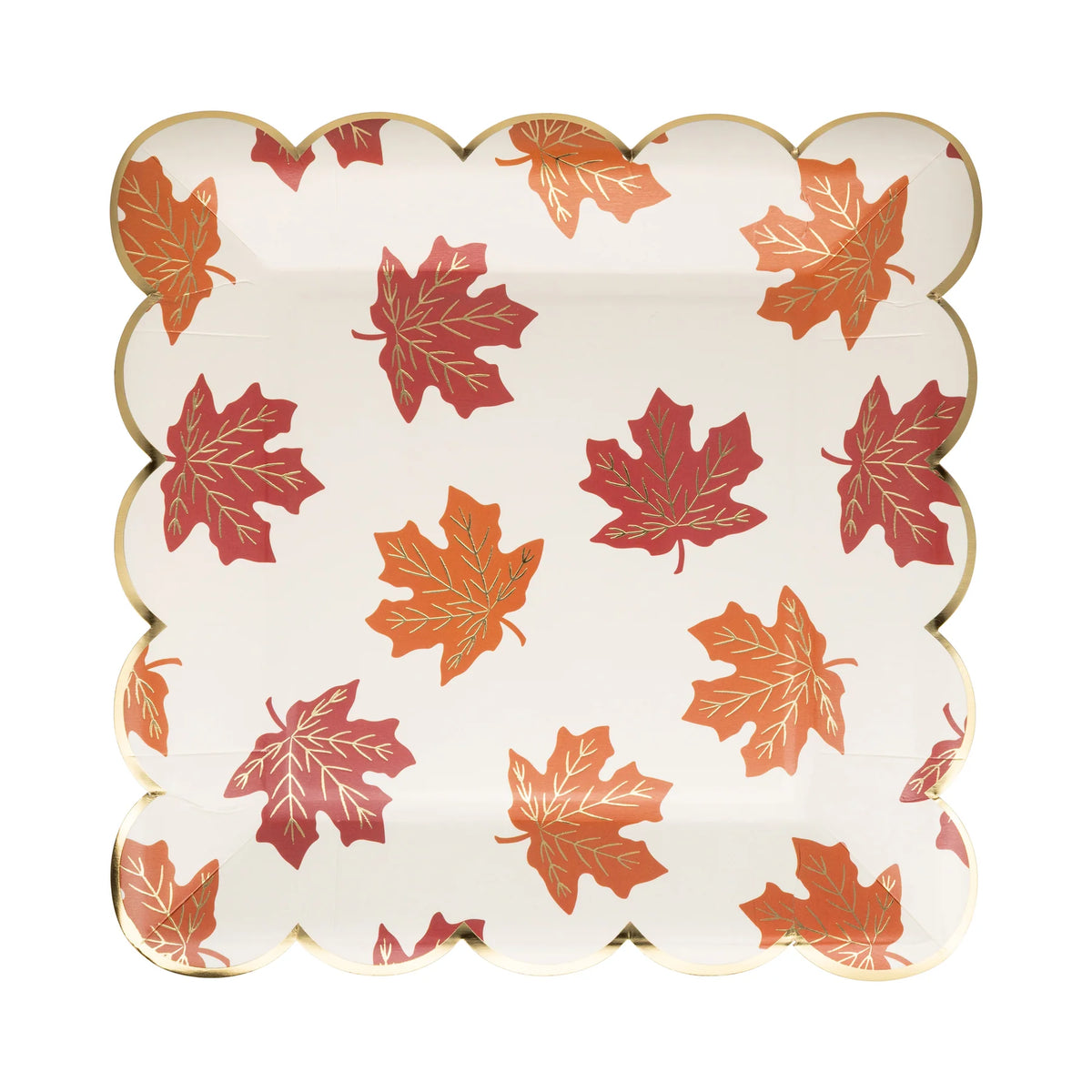 Single square plate with orange and red leaf pattern and gold-foil trim.