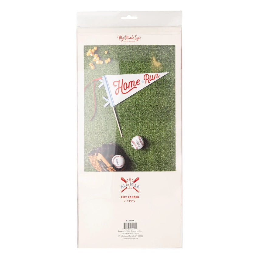 Long retail package showing the felt pennant photo on faux‑grass background inside a clear hanging sleeve.