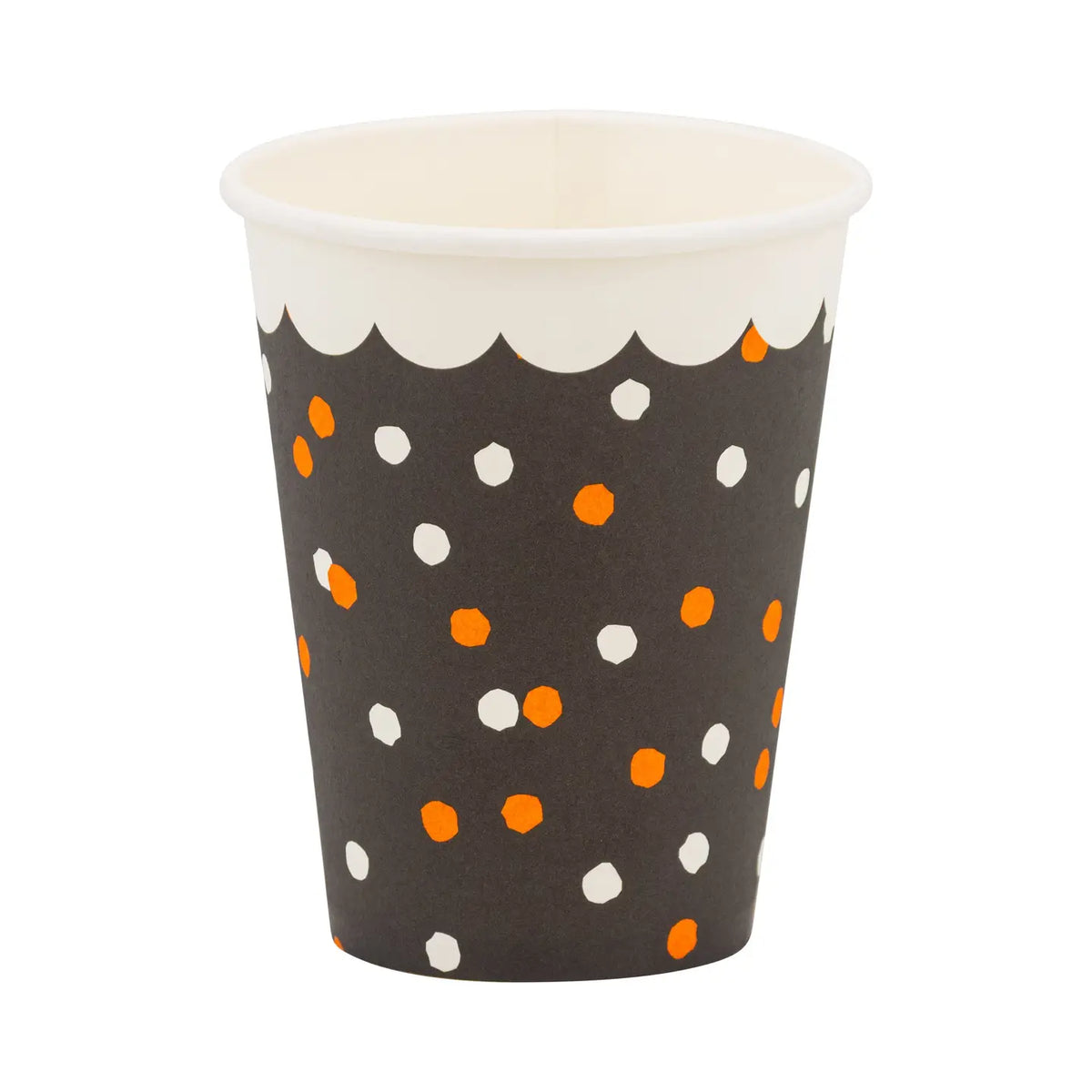 Single 12-oz black paper Halloween cup with white and orange dots on white background.