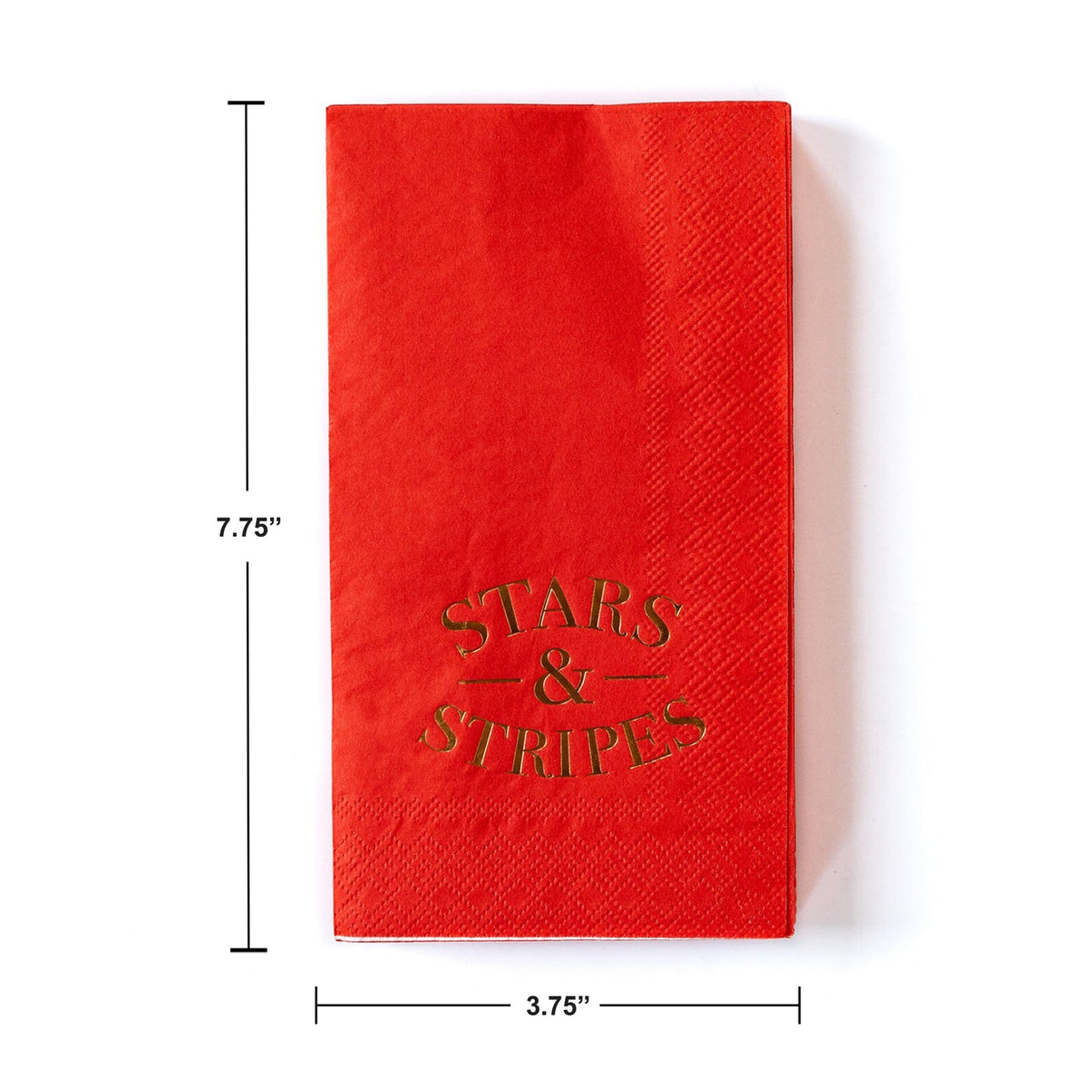 Red dinner napkins with the words stars and stripes in gold lettering. They are perfect for a 4th of Juy party or Memorial Day BBQ.