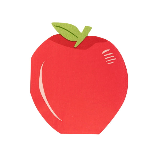 Red apple-shaped paper napkin with green leaf and simple white detailing.