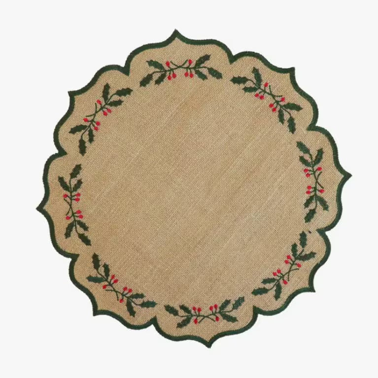 Green Holly Burlap Christmas Placemats on a Christmas tablescape.