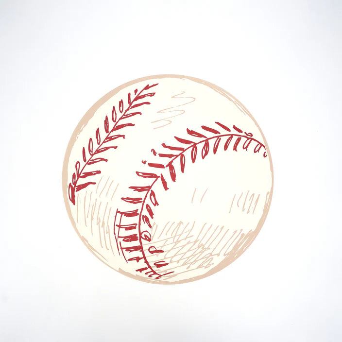 Single round baseball paper placemat with red stitching photographed overhead on white.