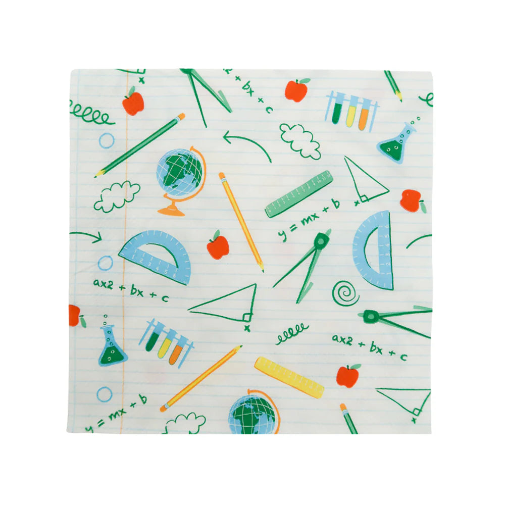 Square notebook-paper napkin featuring green math formulas, globes, pencils, rulers, protractors, and apples—ideal for middle-school back to school party decorations