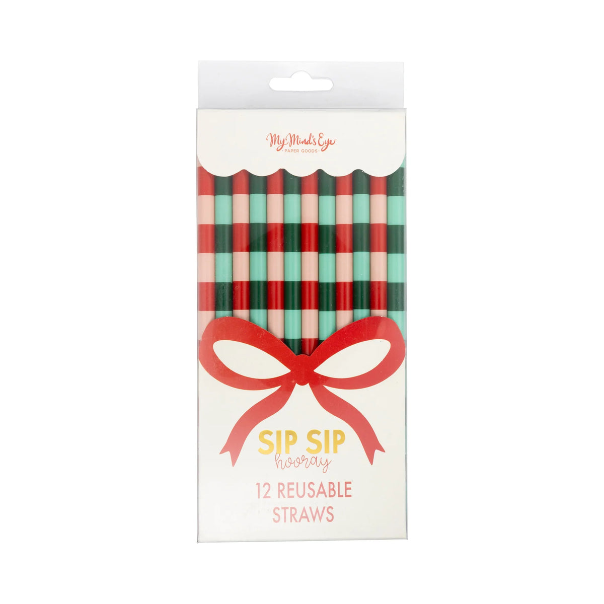 Front of the packaged 12 reusable party straws, showing the stripe pattern and the "SIP SIP hooray" branding.