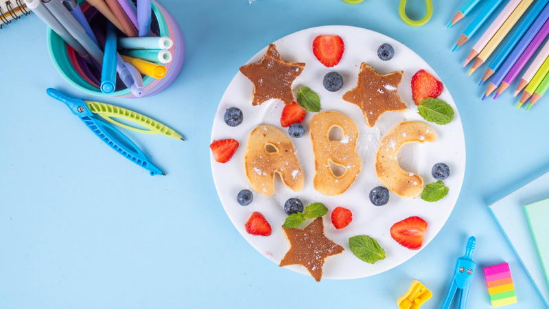 ABC pancakes with star-shaped pancakes and strawberries