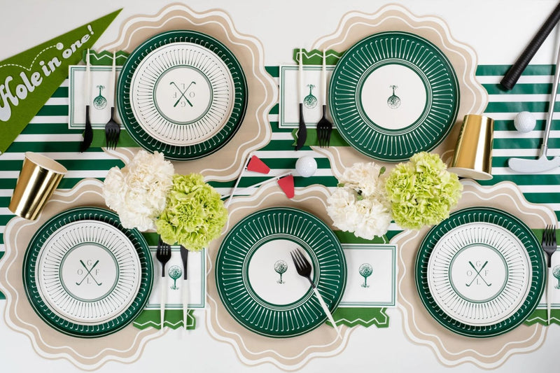 Masters party tablescape with golf party supplies