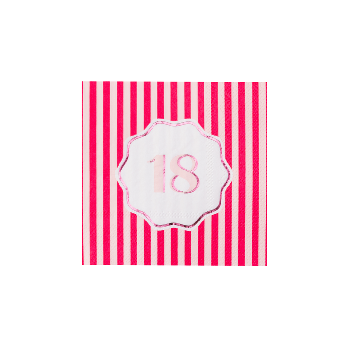 Single magenta and pink striped cocktail napkin with white scalloped pink foil 18 birthday badge on white background