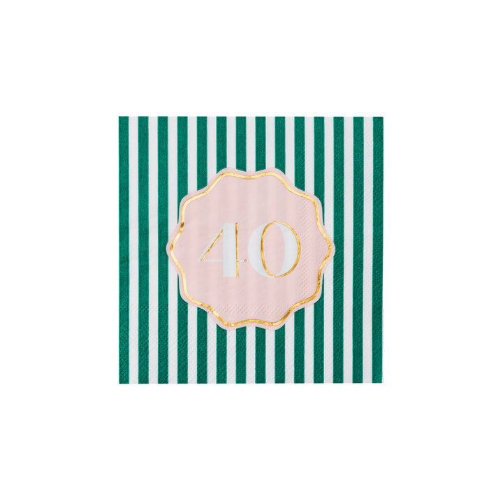 Single hunter green and white striped cocktail napkin with pink scalloped gold foil 40 birthday medallion on white background
