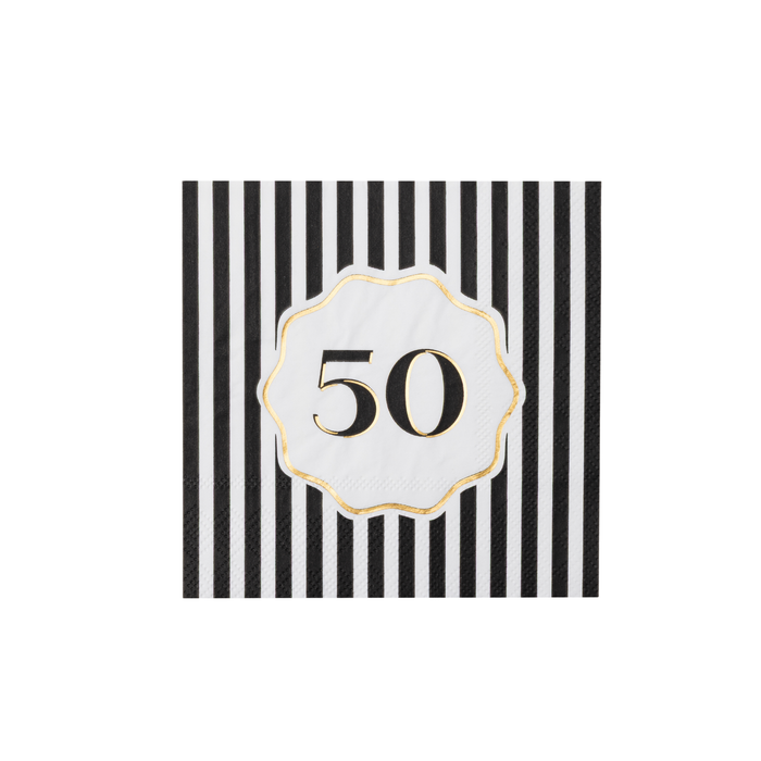 Single black and white striped cocktail napkin with white scalloped gold foil 50 birthday medallion on white background