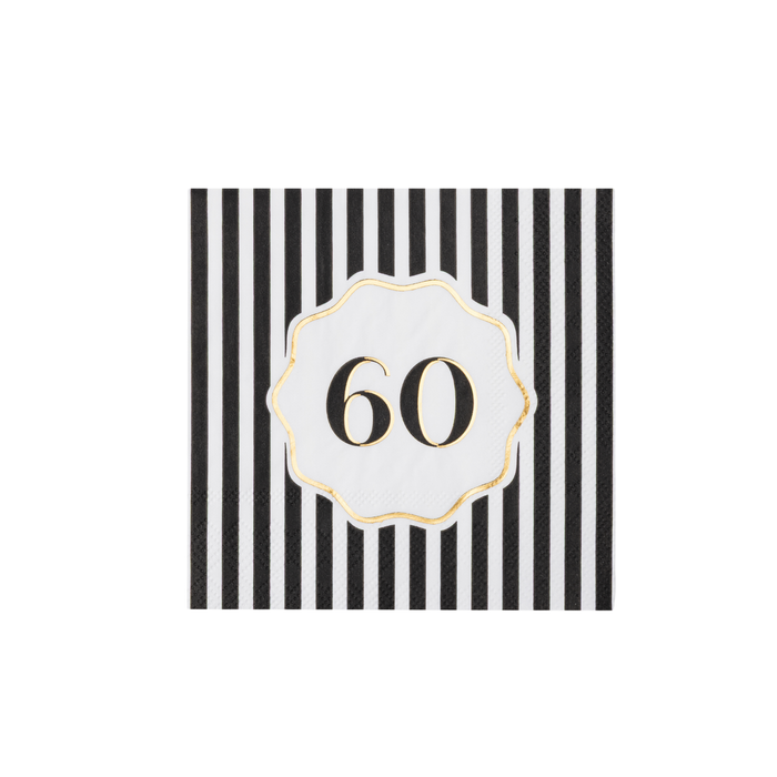 Single black and white striped cocktail napkin with white scalloped gold rimmed 60 birthday medallion on white background